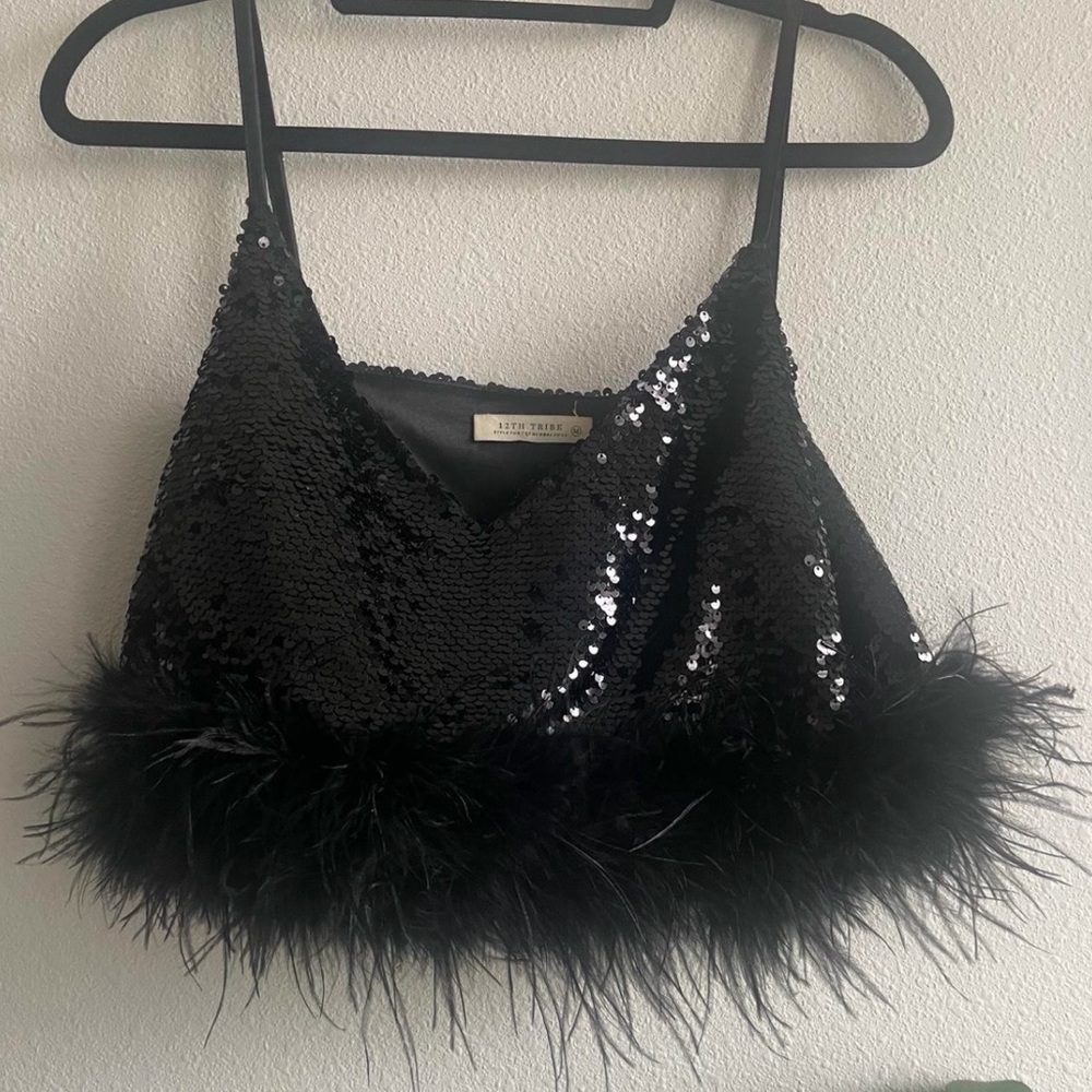 12th Tribe Black Sequin Feather Trim Tank Top
